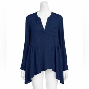 Anthropologie Maeve Navy Blue Tunic Blouse Asymmetrical Hem Flowy Rayon Size 4